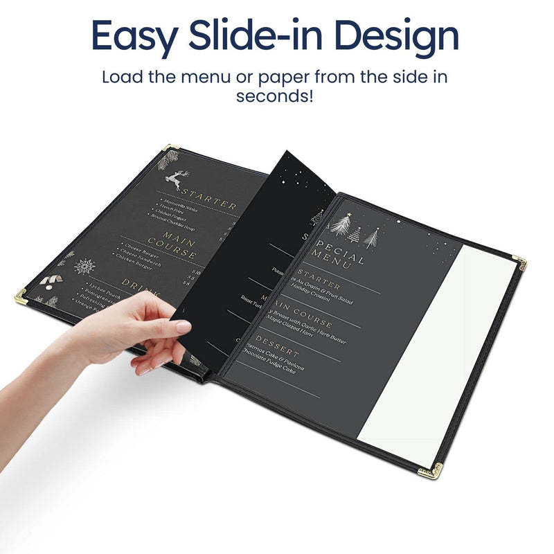 Flexzion Menu Covers 8.5 x 11 Inch - Book Style Menu Holders for Restaurant, Hotel, Cafe, Bar & Pubs - Transparent Clear Menu Covers with 3 Page 6 View, (30 Packs) Menu Folders with Gold Metal Corner 1 Pack