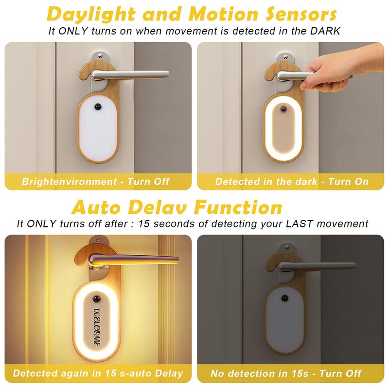 LANDGOO Message Motion Sensor Light, Portable Doorknob Memo Board Night Light with Stickers, Wooden Battery Rechargeable Warm LED Lamp for Bedroom Bathroom, Hanging Doorhandle Lighting (Beech 2Pack) Beech 2Pack