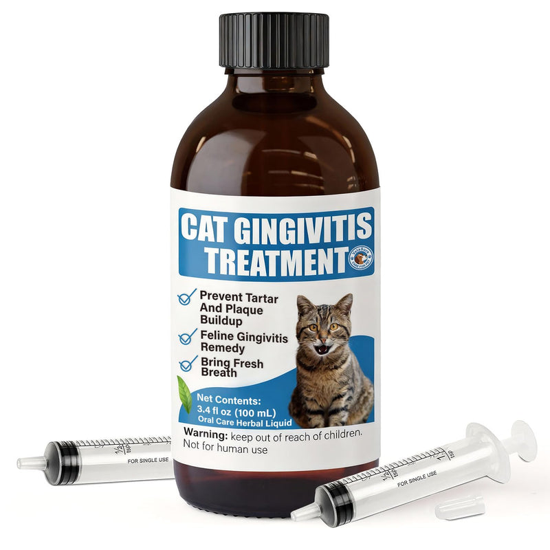 Cat Gingivitis Treatment Liquid 100ml - Cats Dental Care Clean Teeth & Gums, Eliminate Bad Breath, Natural Extracts Lessen Tartar & Plaque, Include 3 ml Dropper with Cap