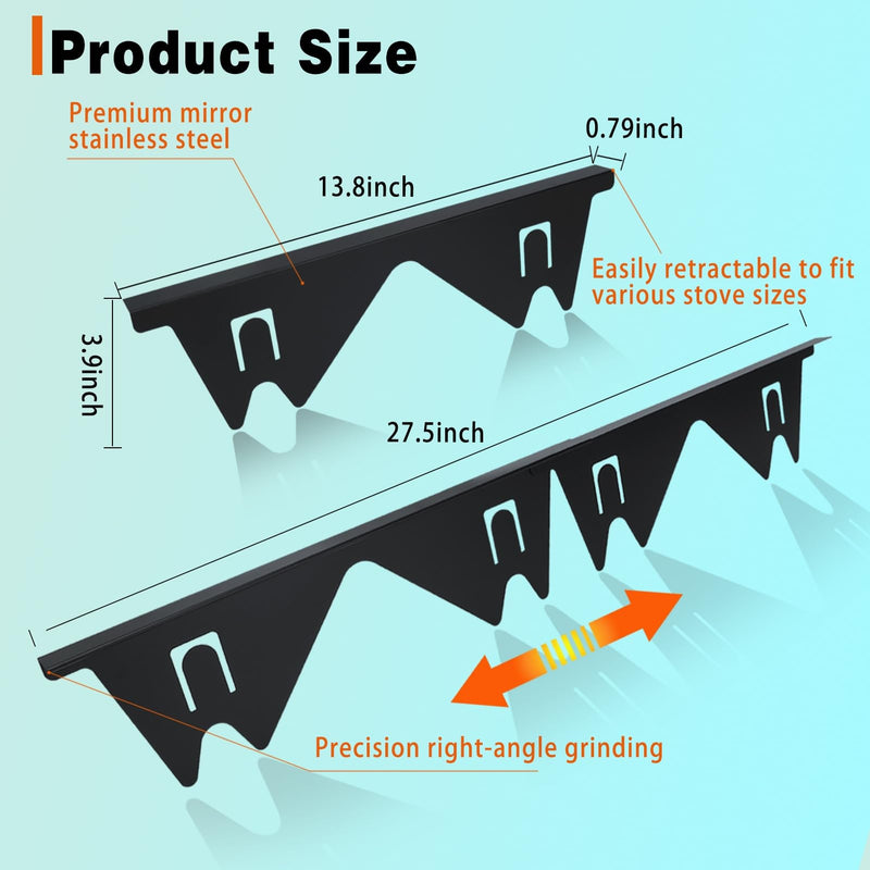 Stove Gap Covers Stainless Steel, 2 Pack Stove Gap Filler Easy Retractable Length 13.8" to 27.5", Width 0.79" ALMCALS Stove Gap Guards Range Trim Kit, Heat Resistant Guard Between Stove Top & Counter Black