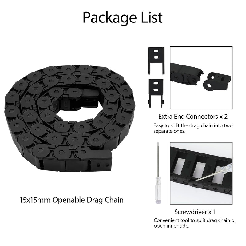 R28/38 15mm x 15mm(Inner H x Inner W) Black Plastic Cable Wire Carrier Drag Chain 1M Length for CNC, with End Connectors - Semi Enclosed Type (Inner side openable) 15*15B