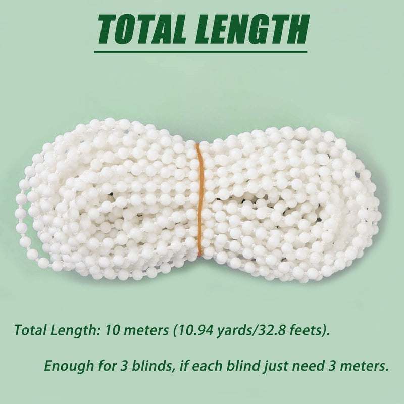 10 Meters (32.8 Feet) Roller Blind Bead Chain Cord Roman Venetian Honeycomb Vertical Shade Blind Cord with 10 PCS Connectors for Roller Blind Replacement Parts White (Normal Version) Normal Version