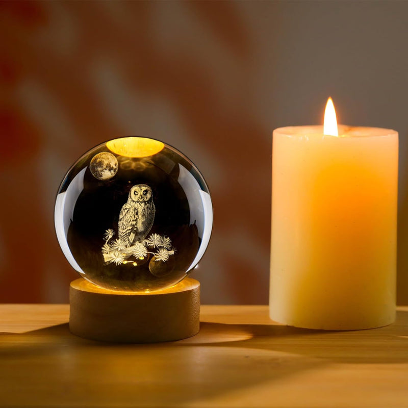 3D Owl Crystal Ball Night Light with LED Stand,Crystal Owl Figurine Lamp,Laser Etched Engraved Glass Paperweight,Owl Decor Gifts for Women Kids(2.4 in)