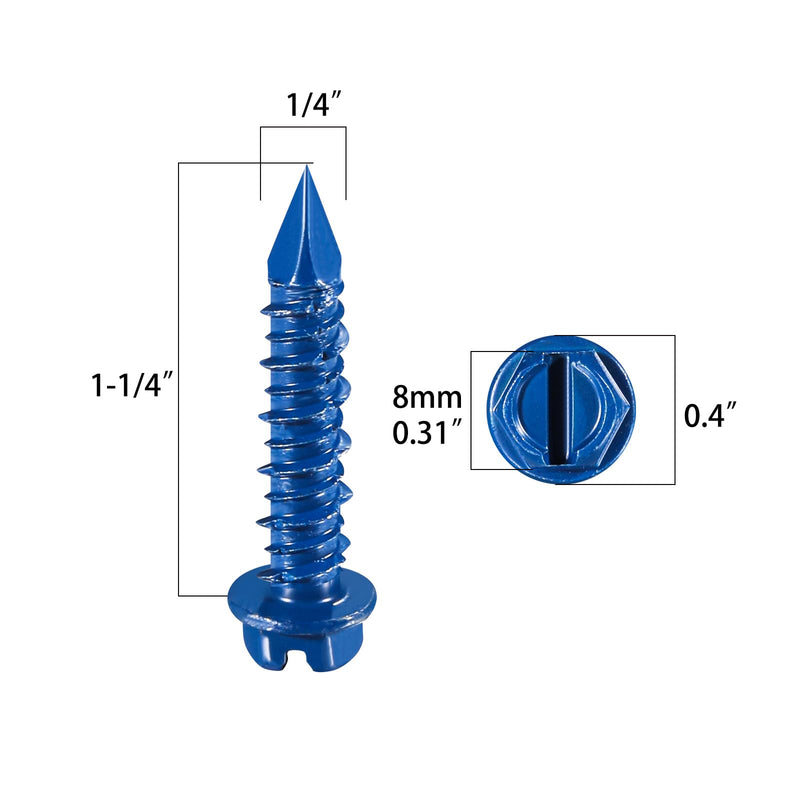 Wensilon(30 PCS) 1/4" * 1-1/4" Slotted Hex Washer Head Concrete Screws Anchor Kit Blue Flat Head for Anchoring to Masonry, Block or Brick Stucco 1/4" * 1-1/4" 30