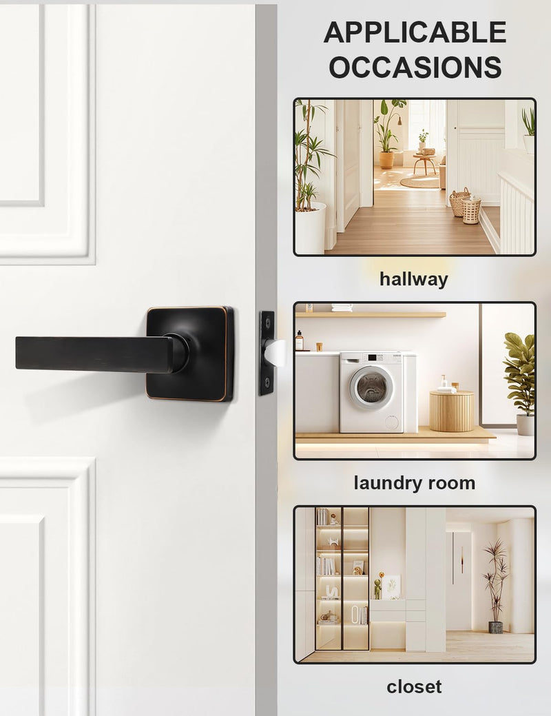 Mengico 2 Pack Passage Door Levers Oil Rubbed Bronze Finish, No-Locking Keyless Square Door Knob, Interior Door Handles for Closet and Hallway, Reversible for Left & Right Handed Passage Function - Keyless