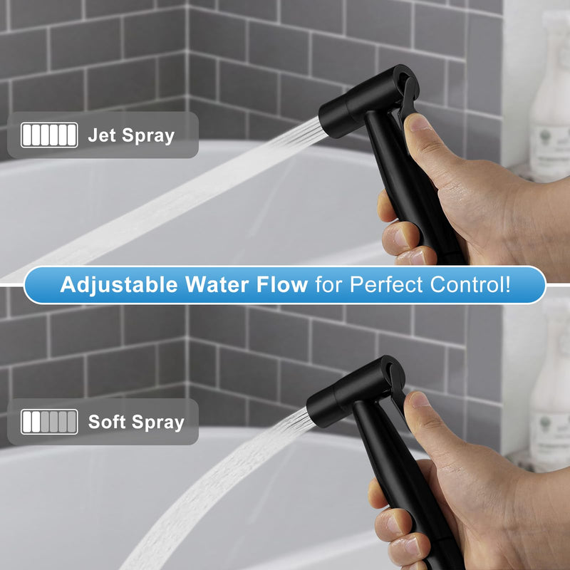 Handheld Toilet Bidet Sprayer, Water Pressure Adjustable Sprayer with Hose and 7/8 "T-Valve, Jet Spray and Soft Spray, for Toilet, Bidet, Shower etc., Stainless Steel, Black