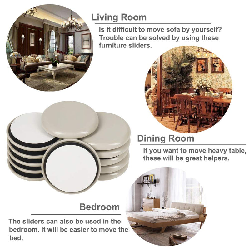 2 inches Stick Furniture Sliders, 12pcs Furniture Glides for Easy Moving on Carpet Hardwood (Beige) 2 inches, Round Beige