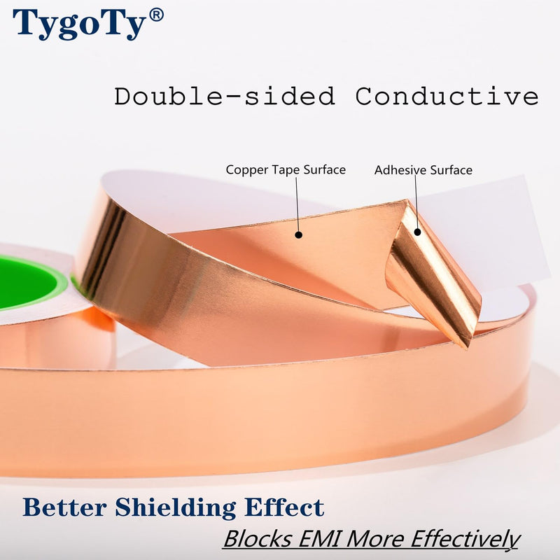 Copper Foil Self-Adhesive Tape 1inch X 66 FT 100% Pure Copper Double-Sided Conductive for Guitar, Stained Glass Soldering, Slugs,EMI Shielding, Crafts DIY, Electrical Repairs and Grounding
