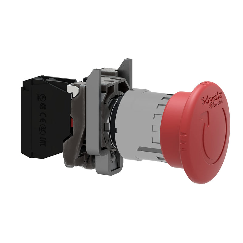 Schneider Electric XB4BS8442 Emergency Switching Off Push Button Switch for Industrial Machinery, Chromium Plated Metal Bezel, Fits 22mm Diameter Cutouts, Trigger Latching Turn to Release, 1NC