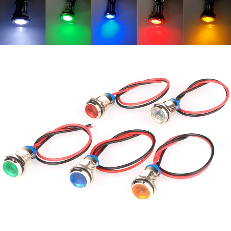 5pcs 10mm AC/DC 12-24V LED Metal Indicator Light Waterproof Signal Lamp Pilot Dash Directional Car Truck Boat with Wire Multicolored AC/DC 12-24V