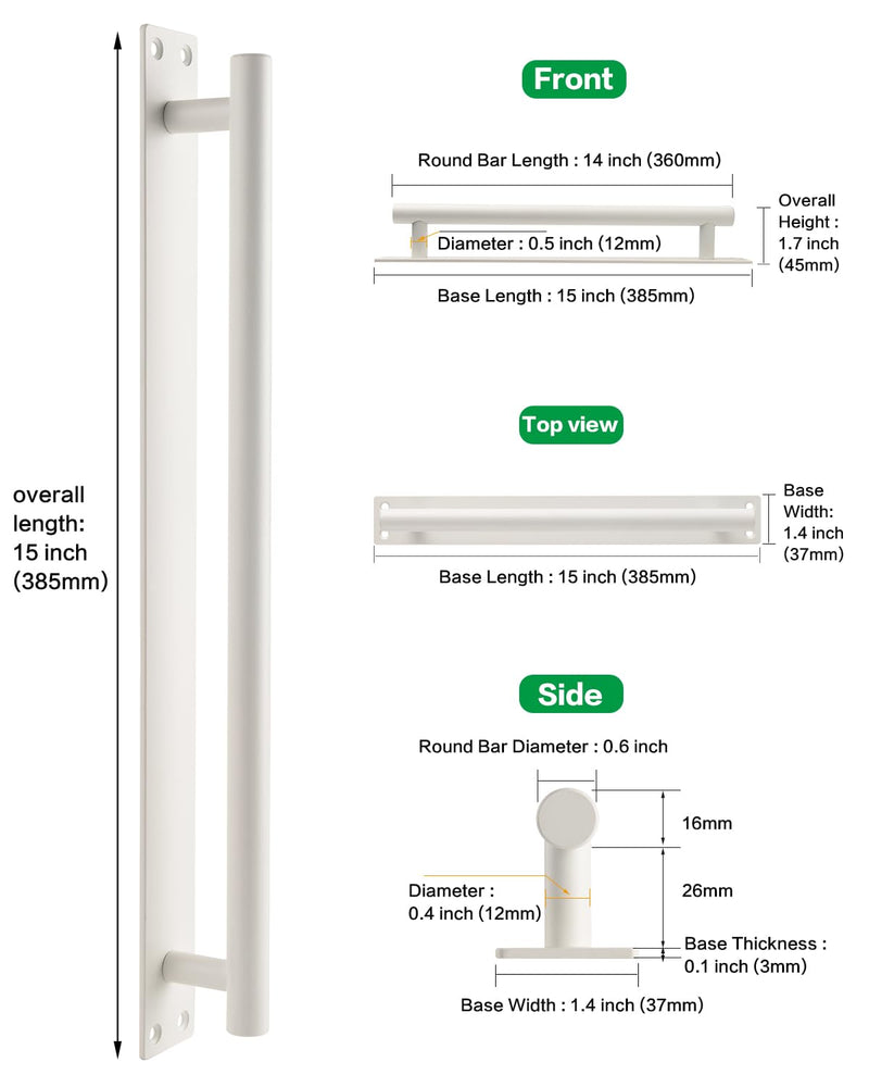 Barn Door Handles Matte White 15 Inch Gate Handles Outdoor Fence Hardware Replacement Modern Sliding Door Handle Pull with Backplate for Shed, Garage, Closet (2 Pack, Matte White, 15 inch) 2