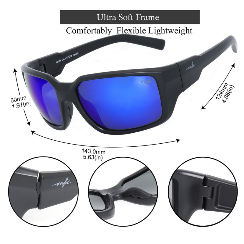 INFI Fishing Sunglasses Men Women Polarized Polycarbonate Lens Safety Protection Black Glasses Driving Golf Running Sports Matte Black / Blue Mirror Lens