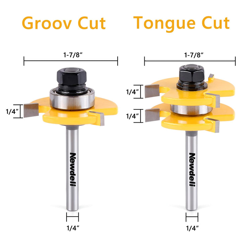 Newdeli Tongue and Groove Router Bit Set 1/4 Inch Shank - 2pcs Router Bits for 3/4" Stock, 1/2" Cutting Depth - T Shape 3 Teeth Wood Milling Cutter Woodworking Tool 1/4" Shank * 3/4" Stock * 1/2" Depth