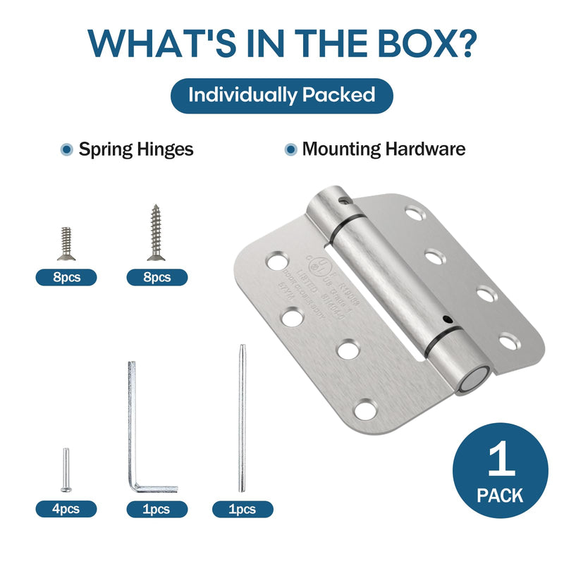 Self Closing Door Hinge, Auto Closing Spring Hinge with Adjustable Tension, 4 x 4 Inch, 5/8'' Radius Corners, for Home Interior, Exterior, Cabinet Doors and Commercial Use, Satin Nickel, 1 Pack 4" (1 Pack)