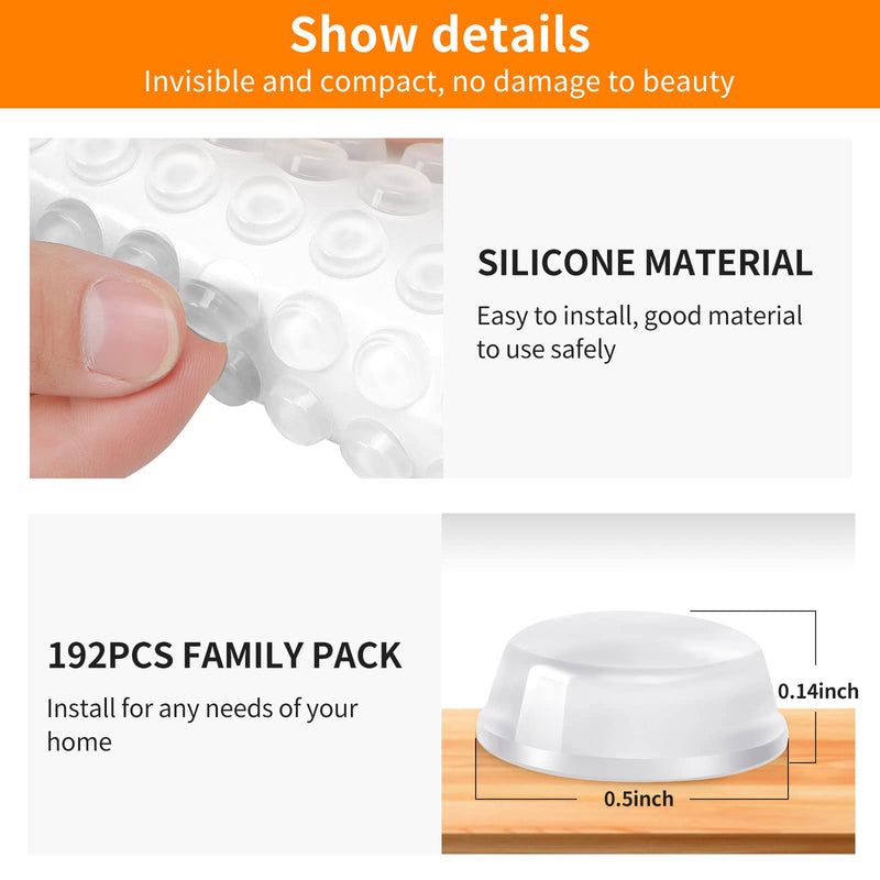 CHUNZEXI 192Pcs Cabinet Door Bumpers Clear Self Adhesive- Rubber Door Stoppers for Cabinets and Drawers 192 PCS ½"