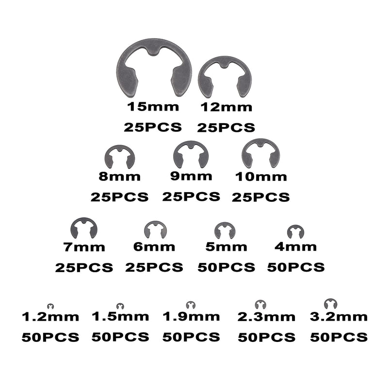 525PCS 14 Kinds Metric E-Clips Side-Mount External Retaining Rings Assortment Kit,1.2mm to 15mm Nominal Diameter,Black Phosphate Finish 1.2mm to 15mm