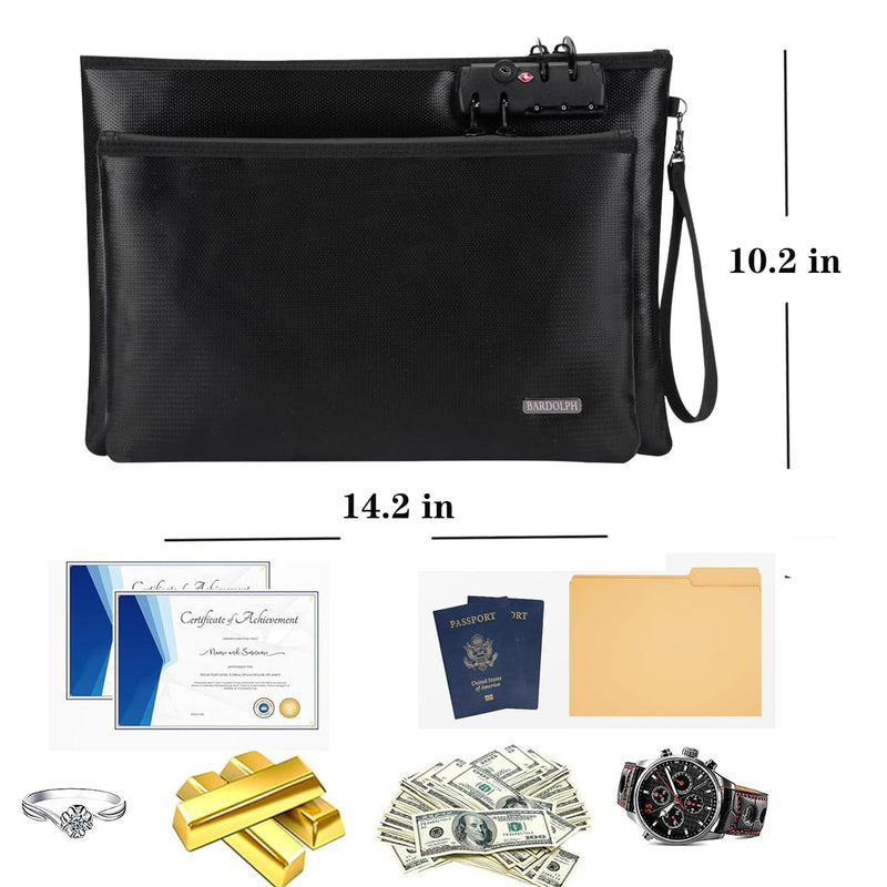 Fireproof Document Bag, Fireproof Money Bag with Lock and Zipper for Cash, FireproofBag Money Pouch, Fire Safe CashBag BankerBag, Notary Supplies (black, Large) black