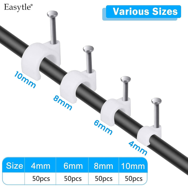 Cable Wire Clips 4mm 6mm 8mm 10mm (Pack of 200) Cable Management RG6 RG59 CAT5 CAT6 RJ45 Electrical Ethernet Dish TV Speaker Wire Cord Tie Holder Single Coaxial Nail Clamps 200 Pcs