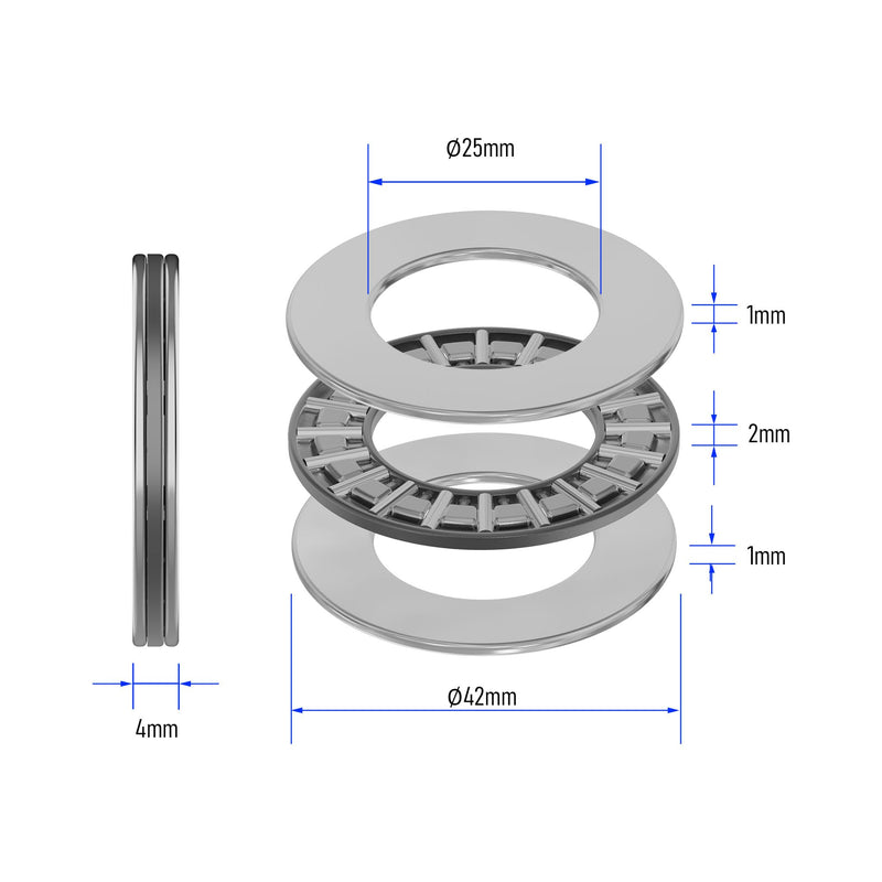 2PCS AXK2542 2AS Thrust Needle Roller Bearings with Washers 25mm Bore 42mm OD 4mm Thickness Industry Thrust Bearing AXK2542 Size 25×42×4mm AXK
