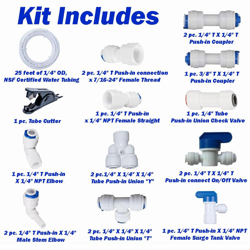 RO System 1/4" O.D. Push in Fittings and 25ft NSF Certified Water Line Kit, 19pc for Reverse Osmosis Filter Setup