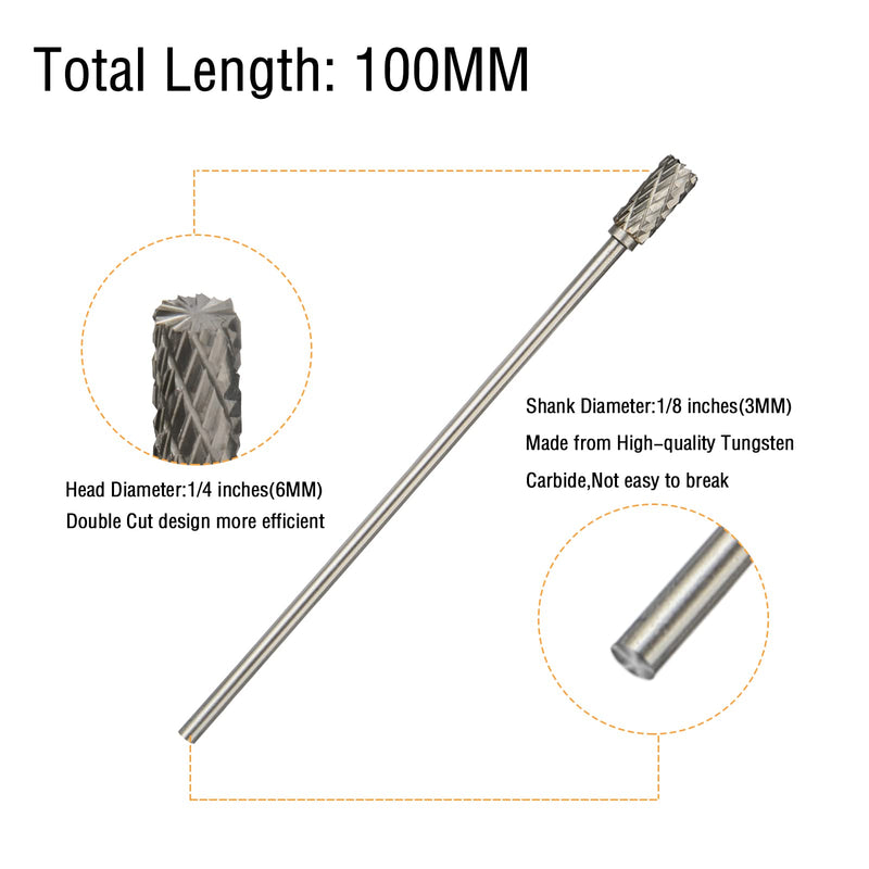 Long Carbide Rotary Burr Set Compatible with Dremel, 10Pcs Double Cut 1/8" Shank 1/4" Head 100MM Length Tungsten Steel Carving Burr Bits for Drilling, Woodworking, Steel Metal Polishing, Engraving 100MM Length 6mm burr head