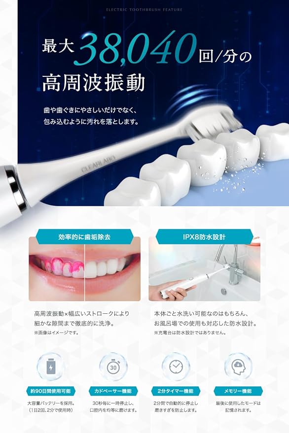 CLEARLABO Electric Toothbrush, Sonic, Sonic Toothbrush, Nano Toothbrush, IPX8, Waterproof, 5 Modes, Prevents Cavities, Toothpaste, Rechargeable, Charging Stand Included, 2 Brush Heads, Gift Present - NewNest Australia