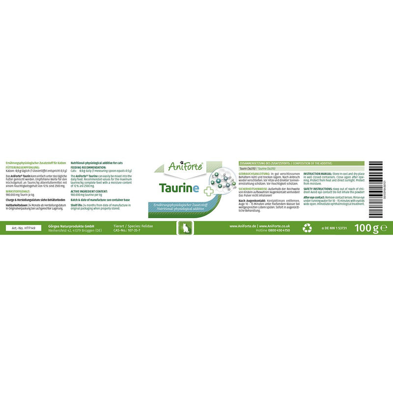AniForte Taurine for Cats 100g - Natural Amino Acid Pet Supplement to Help Muscle Tremors & Nerve Function - PawsPlanet Australia