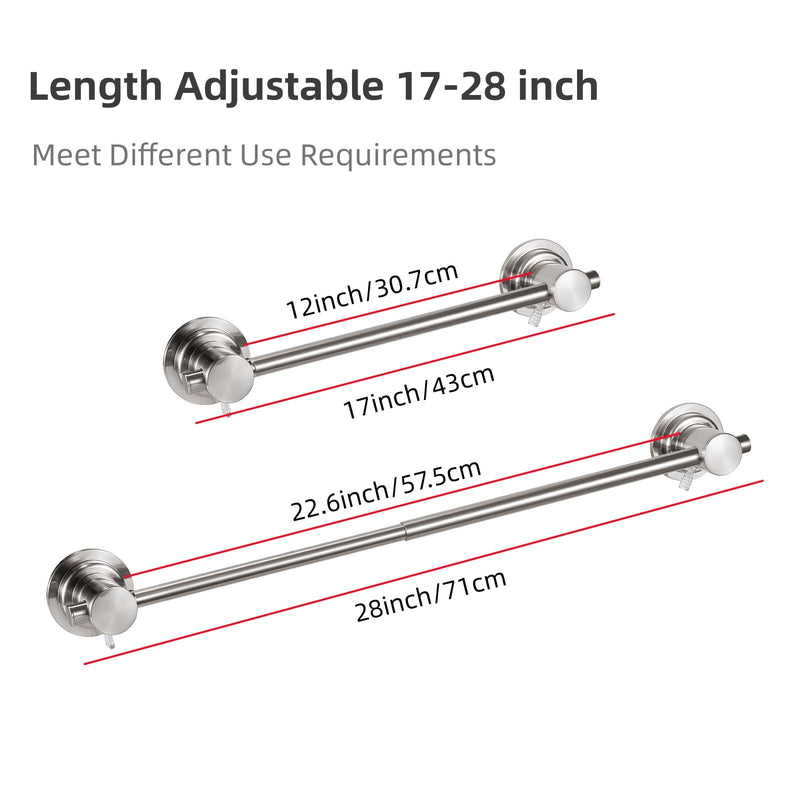 JiePai Extendable 17-28 inch Suction Cup Towel Bar,Bath Shower Towel Holder Shower Door Adhesive Towel Bar Suction Towel Rack (Suction Cup, Brushed Nicke)