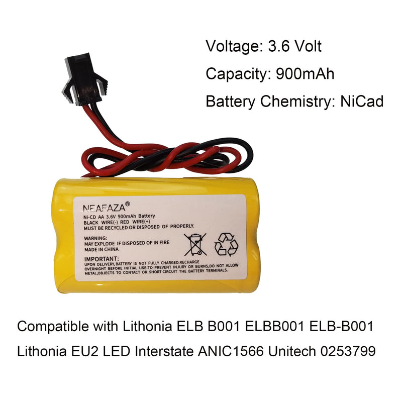 3.6V 900mAh NiCd Exit Sign Emergency Light Battery Replacement Compatible with Lithonia ELB B001 ELBB001 ELB-B001 Lithonia EU2 LED Interstate ANIC1566 Unitech 0253799(5 Pack) 5 Pack