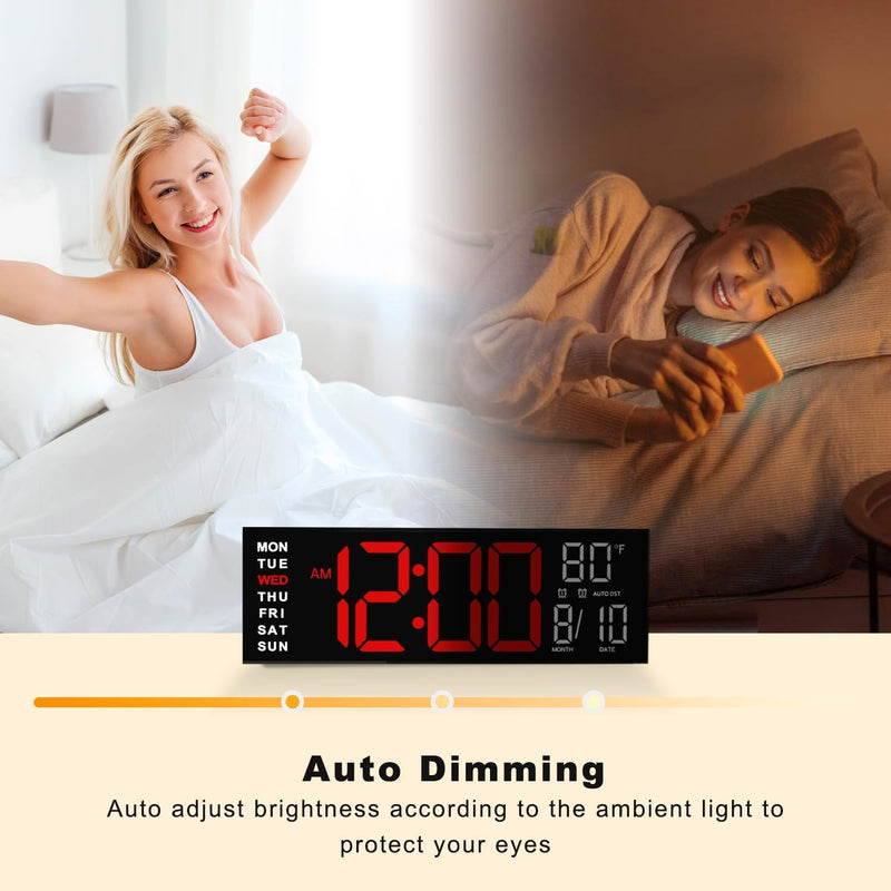 JALL 16" Large Digital Wall Mount Clock, Count Down Timer, Alarm, Big LED, RGB Color, DST, Temperature for Living Room Classroom Desk, Xmas, Birthday Gift for Senior Mom Dad (Red White, 16 inches) Red White