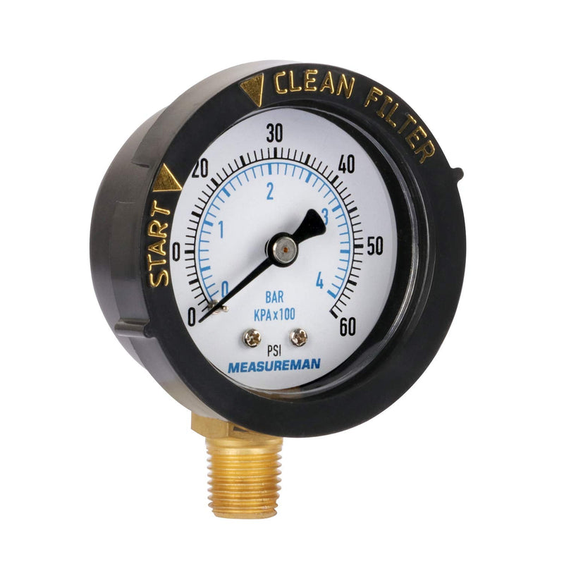 MEASUREMAN 2" Start and Clean Filter Pressure Gauge, Swimming Pool Filter Pressure Gauge, Spa, Aquarium, Water Pressure Gauge, 1/4" NPT Lower Mount 0-60Psi/bar Lower 60psi/bar Start and Clean