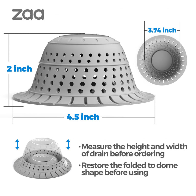 zaa Bathtub Drain Hair Catcher, Silicone Collapsible 1 Pack Drain Protector for Pop-Up and Regular Drains of Shower, Bathtub, Tub, Bathroom, Sink Gray