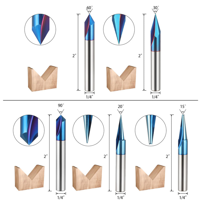 CNC Router Bit 1/4'' Shank, 5PCS Wood Carving Bits Set, 15° Detail Carving Liner 20° Profile Bit 30° 60° 90° V Groove Router Bit, 2'' Long CNC Milling Cutter End Mill Bits