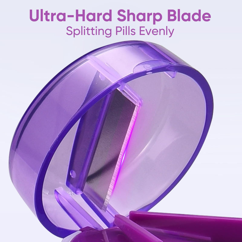 3-in-1 Pill Crusher and Pill Cutter, Pills Crusher Fine Powder with Stainless Steel Grinding Head, Pil Grinder with Storage for Tablets, Cutter Splitter for Small and Tiny Pills (Purple) Purple