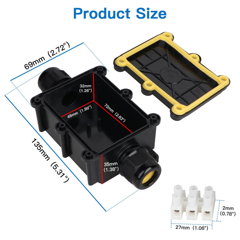 Helunsi 2 Pieces Waterproof IP68 External Junction Box, 2 Way Outdoor Junction Box, Underground Plug Line Coaxial Cable Connector Wire Range 5 to 15mm Electrical Power Cord Weatherproof Boxes - Black Black-2pcs