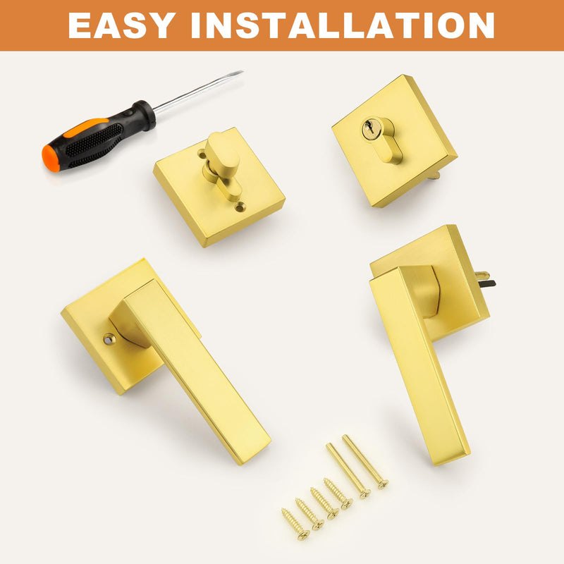 Probrico Keyed Alike Brushed Gold Exterior Door Locksets Square, Satin Brass Front Door Passage Handle and Single Cylinder Deadbolt Set, 1Pack 1