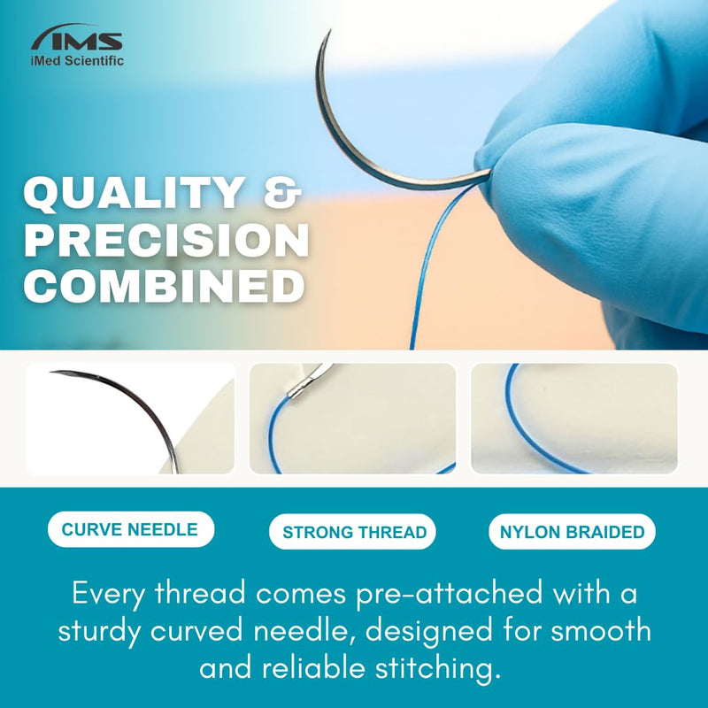 IMEDS Training Sutures 2/0 Nylon, Box of 12 Pcs Suture Thread with Needle, Demo Teaching Set
