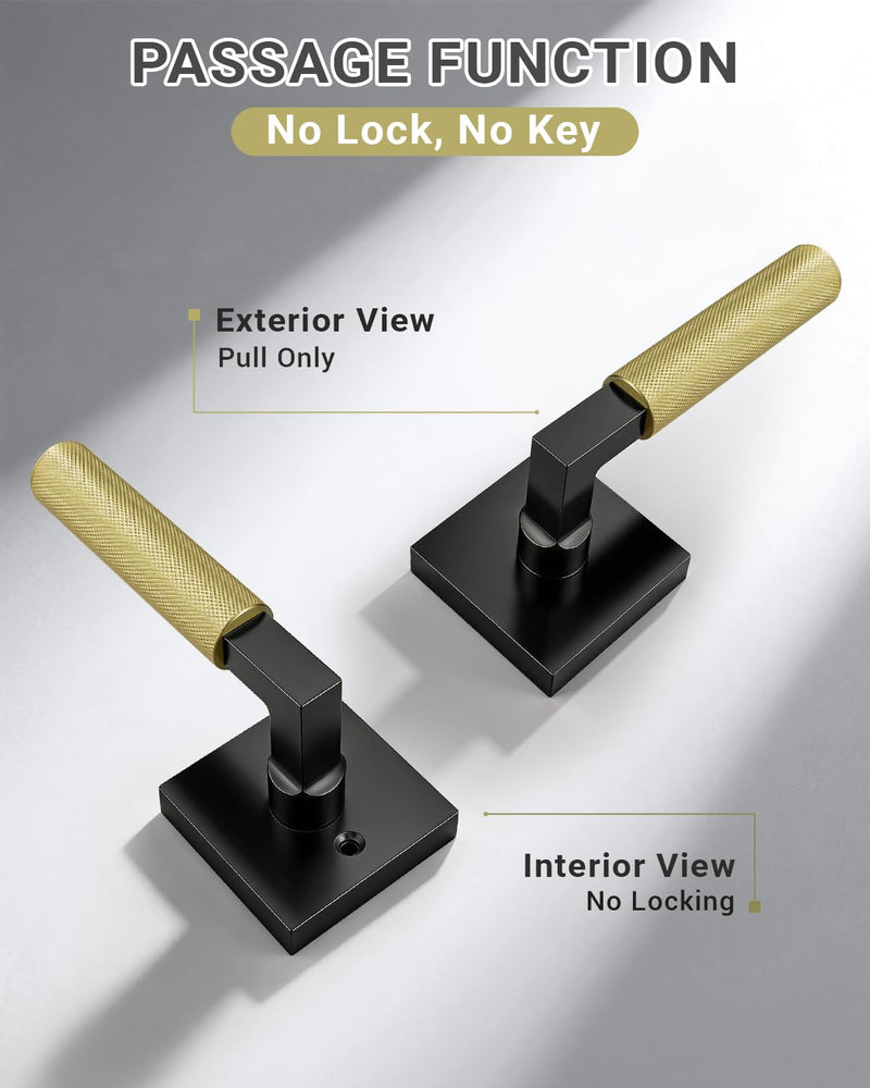 KNOBWELL 1 Pack Black and Gold Door Handle Square Doorknob with Lever Inside Passage Door Handle for Hallway Closet Pantry Square Passage