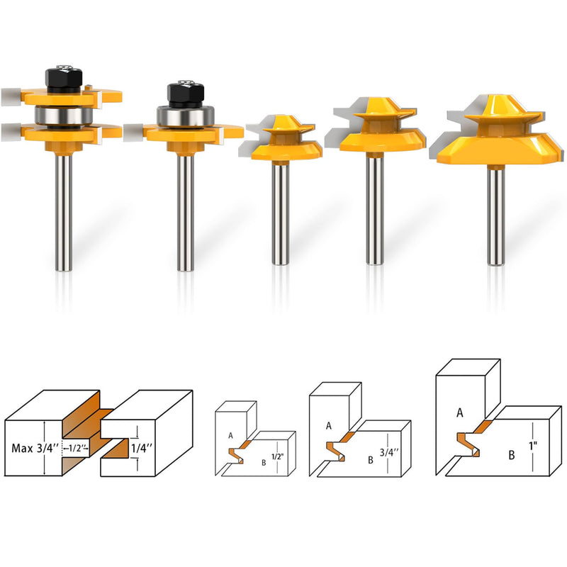 1/4 Inch Shank Tongue and Groove Router Bit Tool Set 3 Teeth Adjustable Router Bit 45 Degree Lock Miter Router Bits Woodworking Set- 1/2" 9/16" 3/4" Cutting Height Woodworking Glue Joint Tools