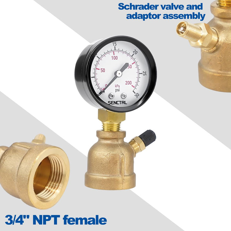 0-30 Psi Gas Pressure Test Gauge, 2" Dial Size, 3/4" FNPT Connection, Brass Valve, Forged Brass Bell Shape Body Assembly 0-30 psi