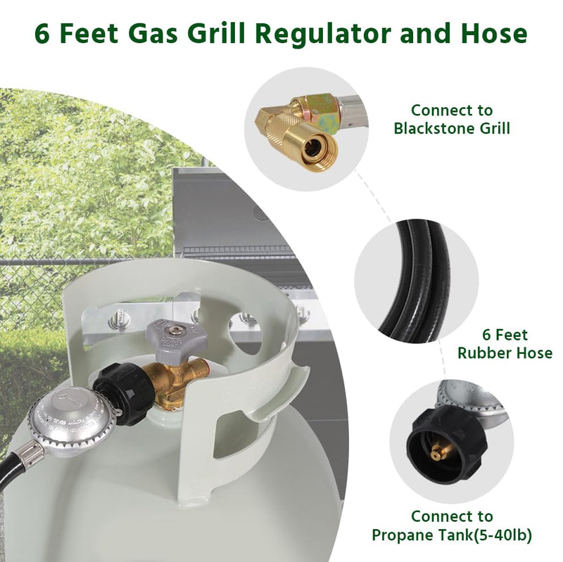 6FT Propane Adapter Hose with Regulator and Elbow Adapter, Fits Blackstone 17 inch and 22 inch Table Top Griddle, Flat Pressure Relief Valve, 3/8'' Connect Fitting 6 Feet 3/8" Regulatorwith Blackstone fitting