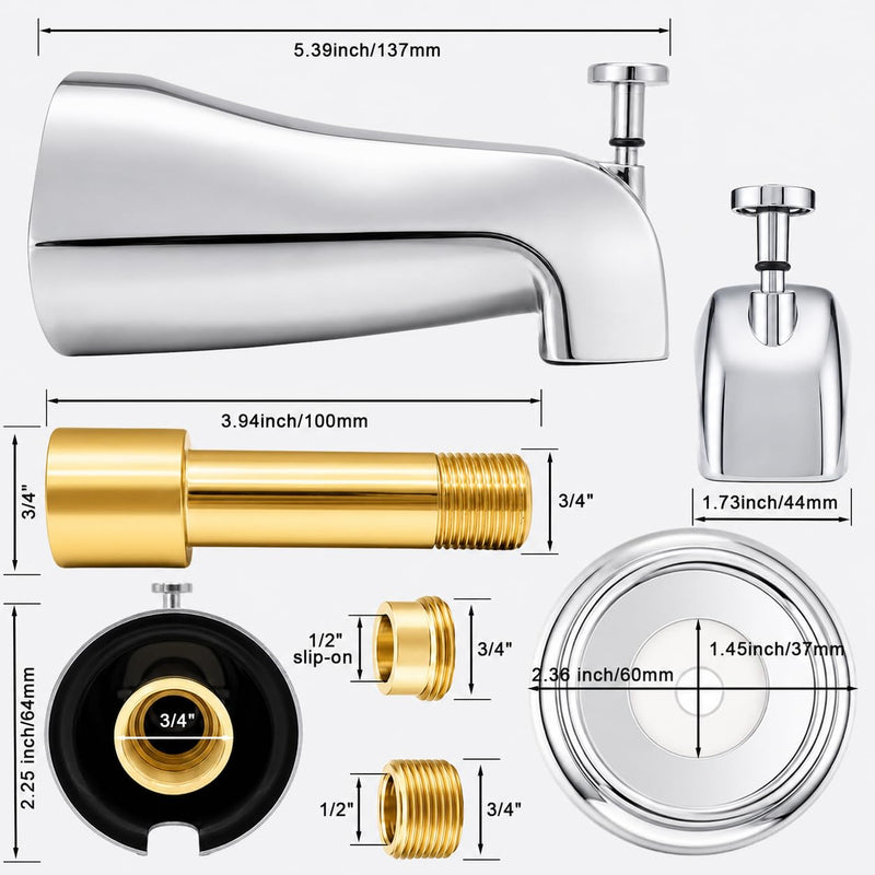 5.3" Chrome Bathtub Spout with Diverter, All-Metal Replacement Kit