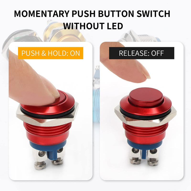 STARELO 16MM 5/8" Momentary Push Button Switch High Round 250V AC 5A 12V 36V DC 2A 1NO SPST Waterproof Aluminum Shell(Red). Red