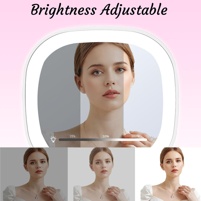 Compact LED Travel Makeup Mirror, Rechargeable Double Sided 1X/10X Magnifying Mirror, 3 Color Lighting, Dimmable Touch Screen, Foldable Lighting Mirror with USB Data Cable White
