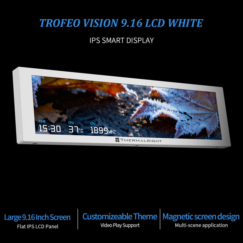 Thermalright Trofeo Vision 9.16 LCD White, 9.16-inch Full-Color LCD Magnetic Display Screen, 1920x480 Resolution, Easy to Install,Master CPU/GPU Temperature(White)