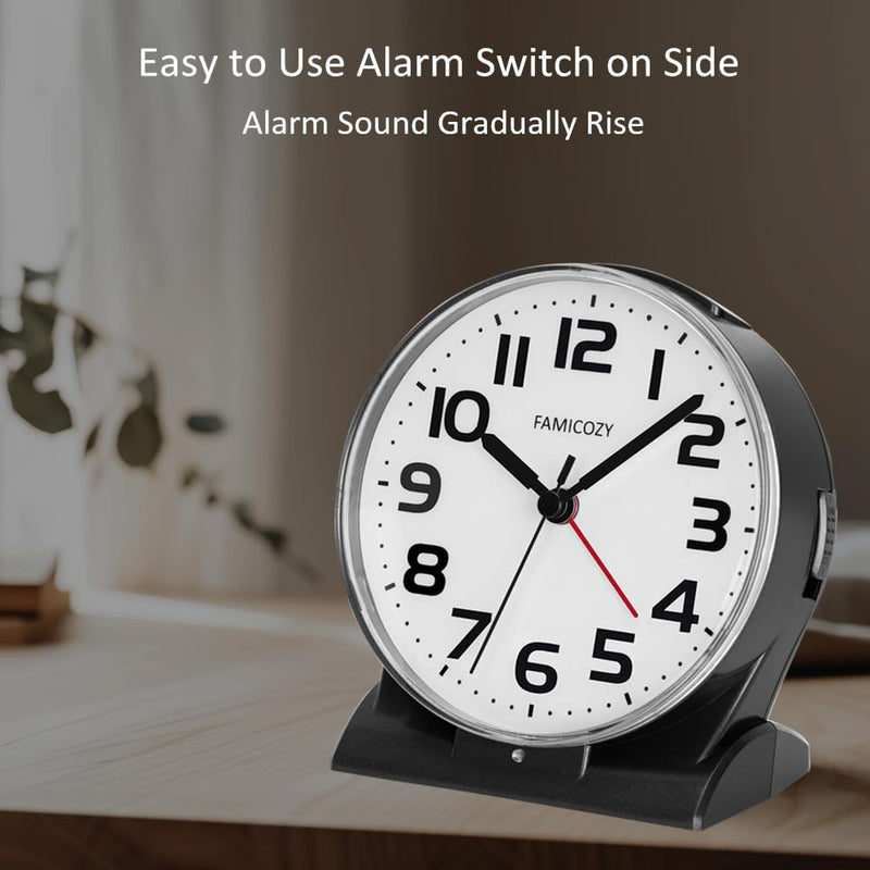 FAMICOZY Automatically Backlighted Alarm Clock,Silent No Ticking for Seniors Vision Impaired,Easy to Set,Big Numbers,Ascending Alarm,Gentle Wake,Snooze,2 AA Battery Operated,Black Black