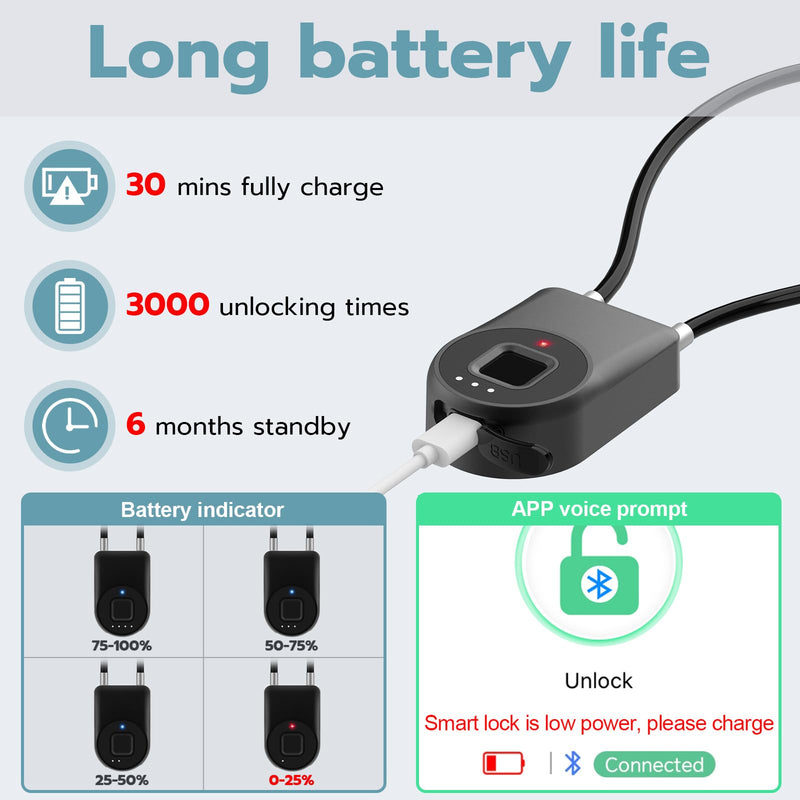 Fingerprint Cable Lock, Fridge Locks with Fingerprint Bluetooth APP Control, Smart Biometric Waterproof Child-Proof Refrigerator Lock for Kids & Adults Fridge French Door Cabinet Gate Black
