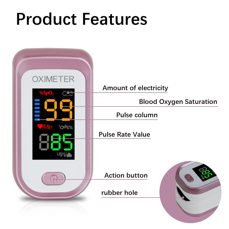 Pulse Oximeter Fingertip Blood Oxygen Saturation Monitor, Oximeter Finger Pulse Oximeter, LED Portable Oximeter with Lanyard (Rose Gold)