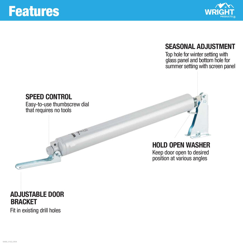 Wright Products Standard Duty Pneumatic Screen & Storm Door Closer – Adjustable Closing Speed, Quiet Operation, Easy Installation (Modern, Aluminum) Modern