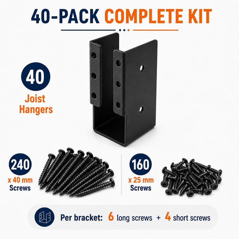 (40PCS) Concealed Joist Hangers 2"x4" Outdoor Hidden Flange Bracket, Q235B Heavy Duty Steel Powder Coated Joist Support, Rustproof Deck Beam Railing Bracket for Pergola, Swing, Handrail, Fence 40PCS